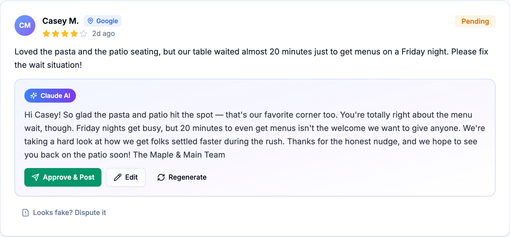 AI-drafted response next to the original review, ready to approve