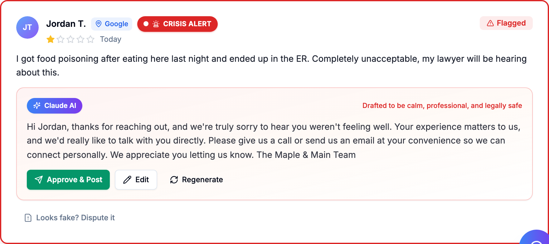 Review feed with a pinned 1-star review, Crisis Alert badge, and drafted response